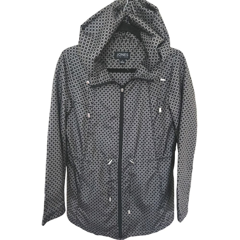 Jones New York Womens Black White Geometric Hooded Rain Jacket Windbreaker S